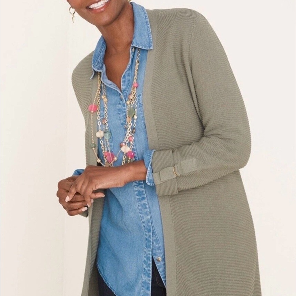 Chico’s Green Ribbed Knit Roll Tab Sleeve Open Cardigan Sweater US 12 - 14